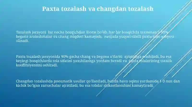 Paxta tozalash zavodlarining texnologik jarayonlar ketma ketligi 3