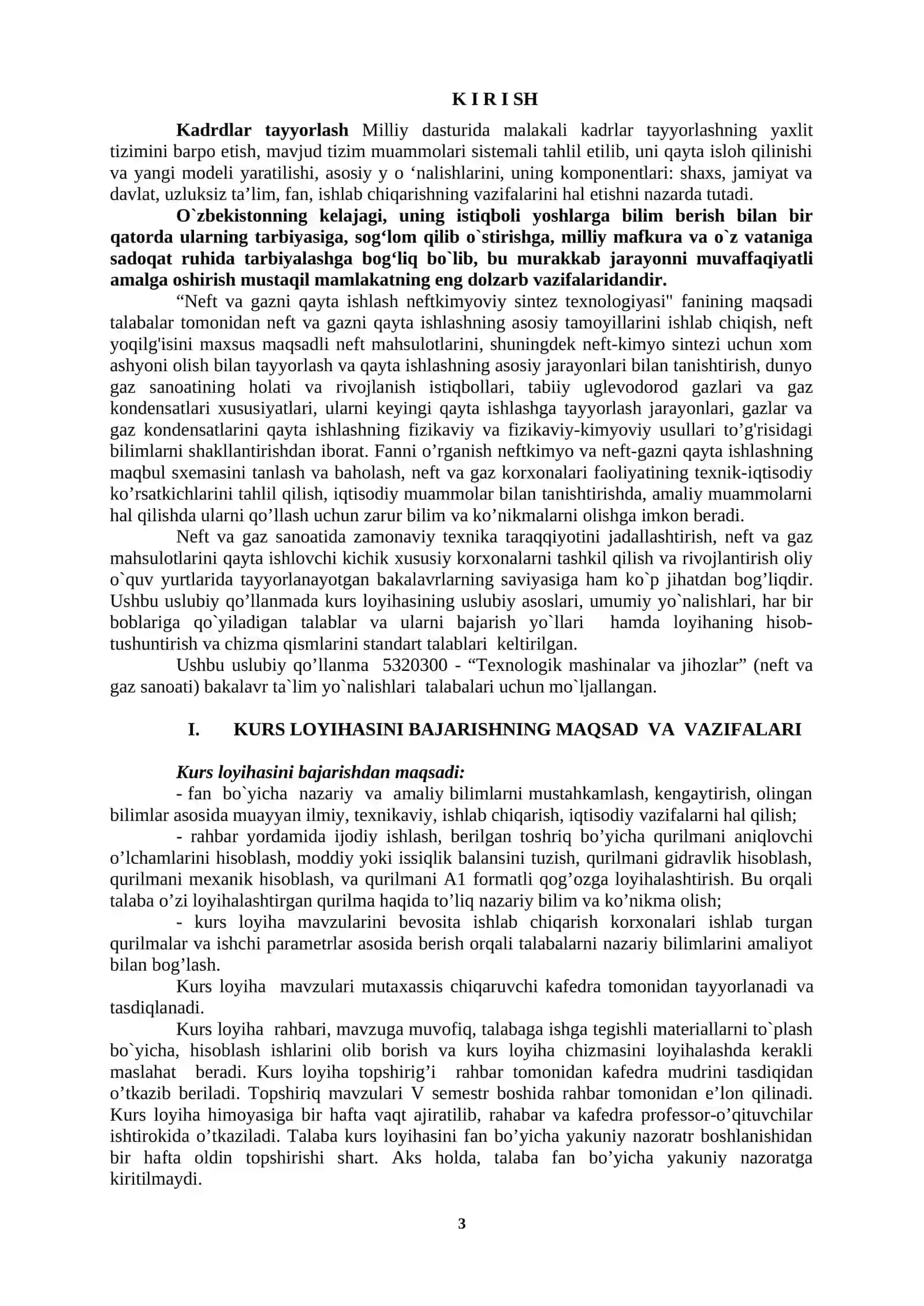 NEFT VA GAZNI QAYTA ISHLASH VA NEFTKIMYOVIY SINTEZ TEXNOLOGIYASI FANIDAN KURS LOYIHASINI BAJARISH BO`YICHA USLUBIY QO’LLANMA 3