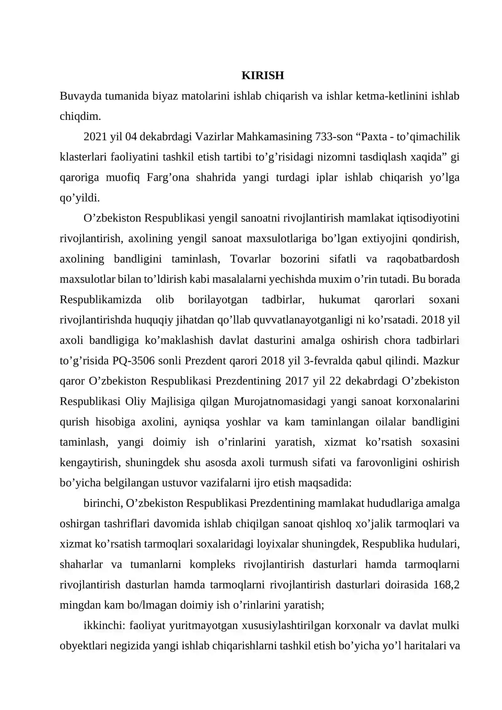 Farg’ona viloyati Buvayda tumanida byaz assortimentdagi to’qima ishlab chiqarish korxonasini loyihalash 3