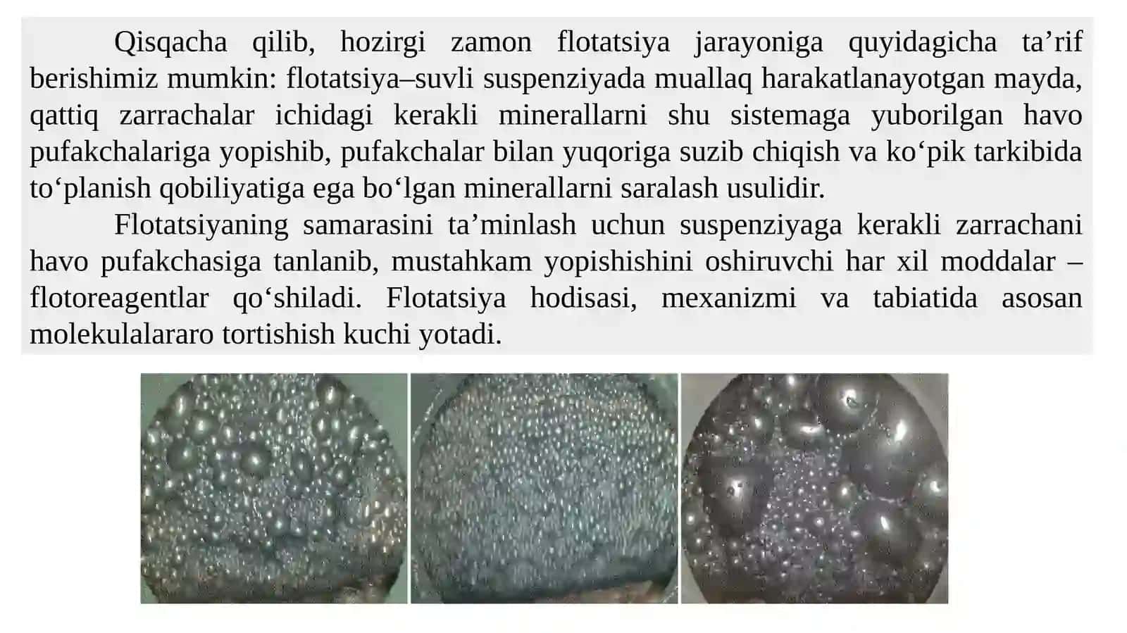 Flotatsiya usulida boyitishning fizik-kimyoviy asoslari. Flotatsiyaning usullari 3