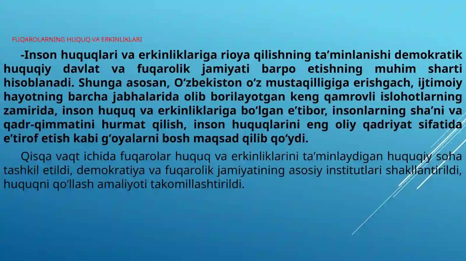 Prezentatsiya: Fuqarolarning O’zbekiston Respublikasi konstitutsiyasi bilan kafolatlangan huquq va erkinliklari 3