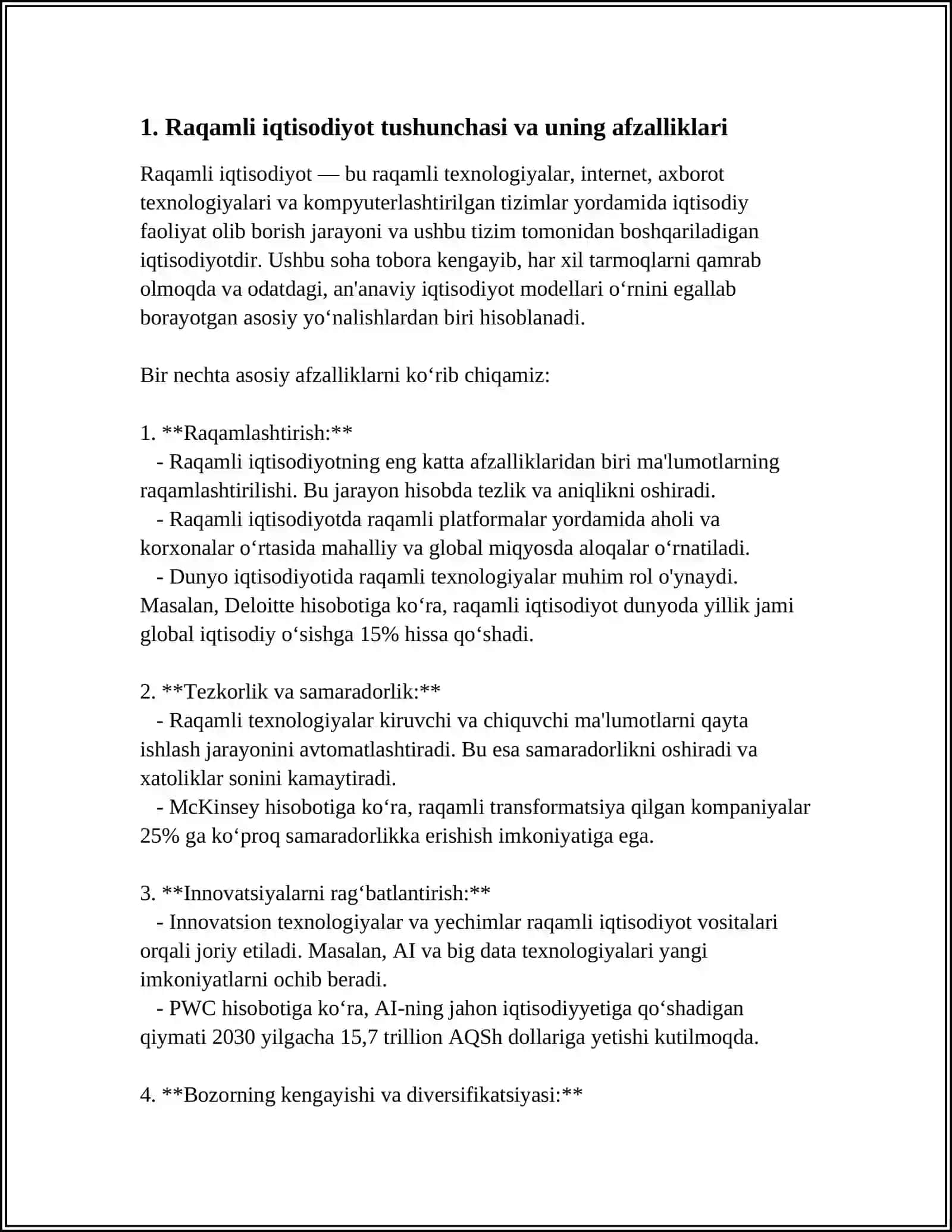 RAQAMLI IQTISODIYOT. RAQAMLI IQTISODIYOTNING AFZALLIKLARI 3