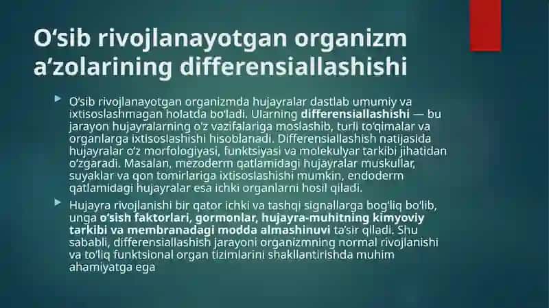 O‘sib rivojlanayotgan organizm a’zolarini to‘liq differensiallashishida membranadagi ko‘chish va transport jarayonlarini ahamiyati va xususiyatlari 3