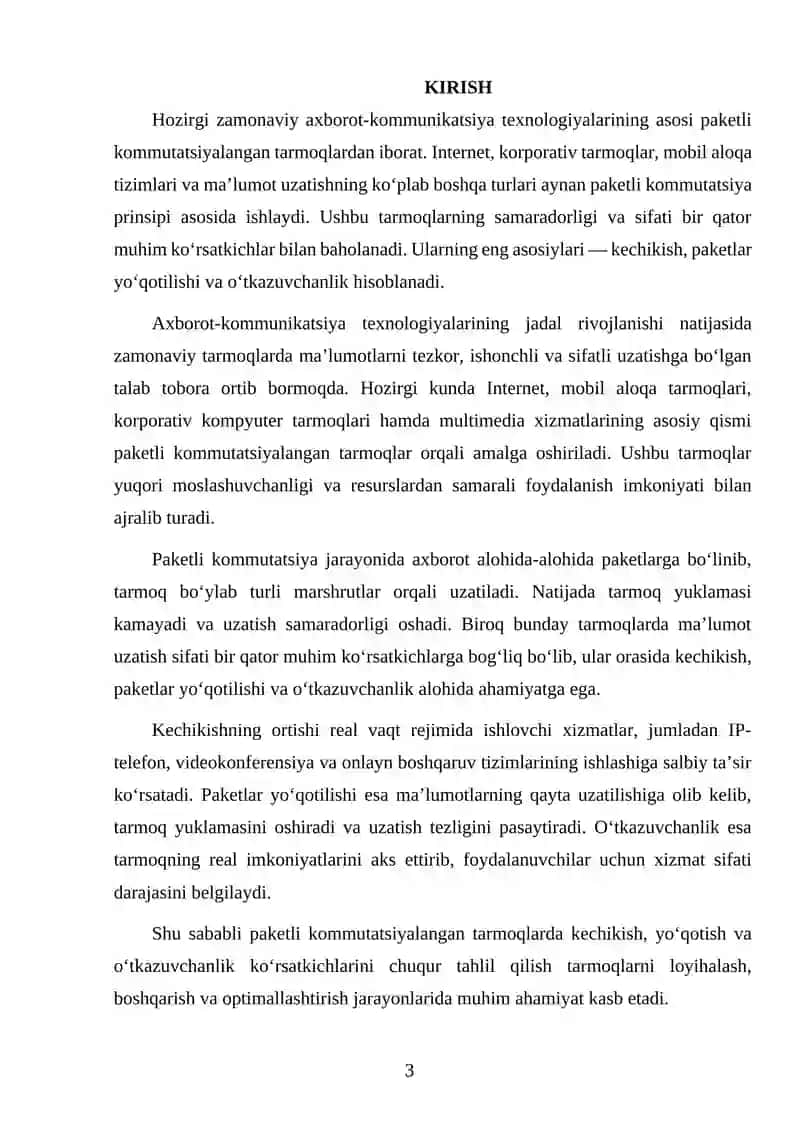 Paketli kommutatsiyalangan tarmoqlarda kechikish, yo‘qotish va o‘tkazuvchanlik ko‘rsatkichlarini tahlil qilish 3