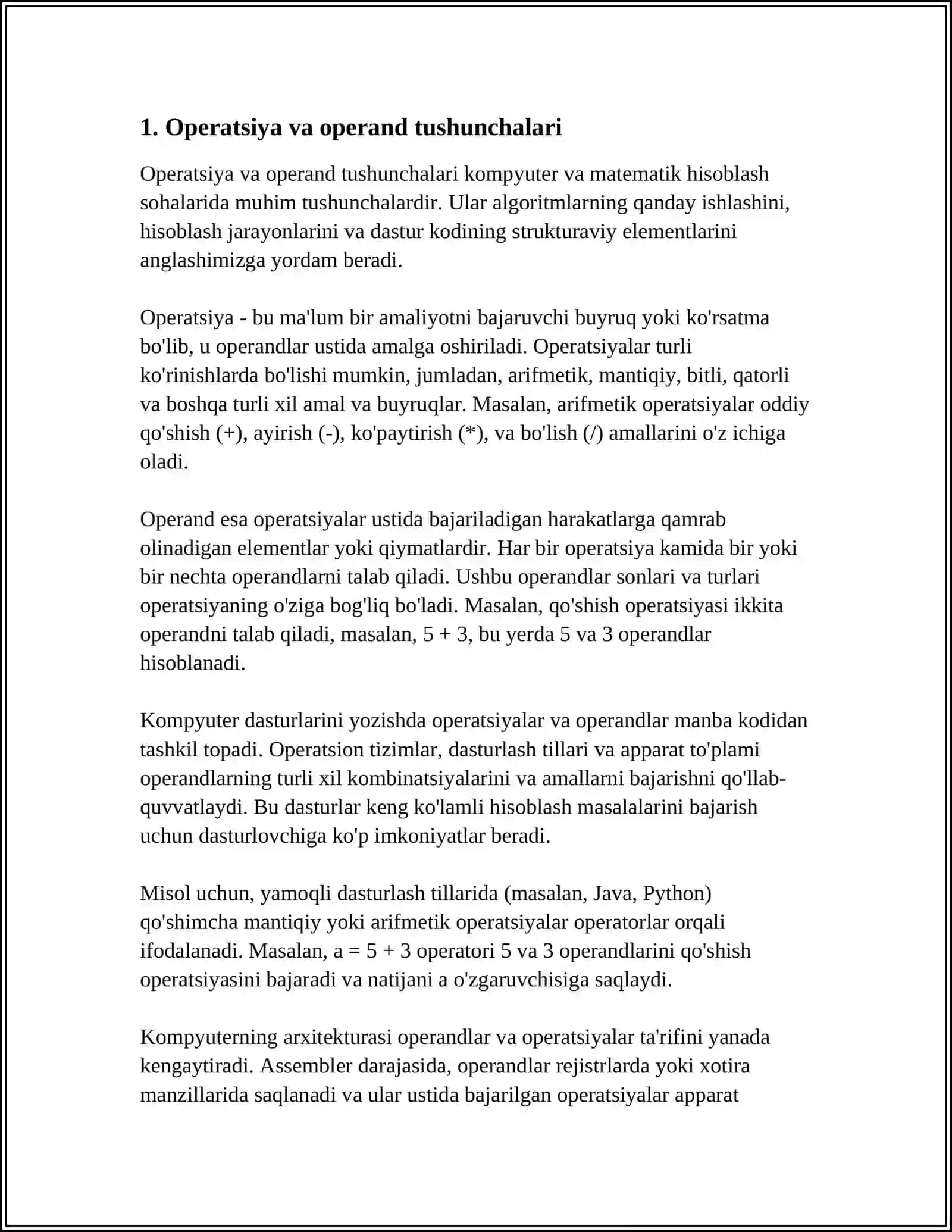 "OPERATSIYA-OPERAND" HISOBLASHLAR MODELINI O`RGANISH 3