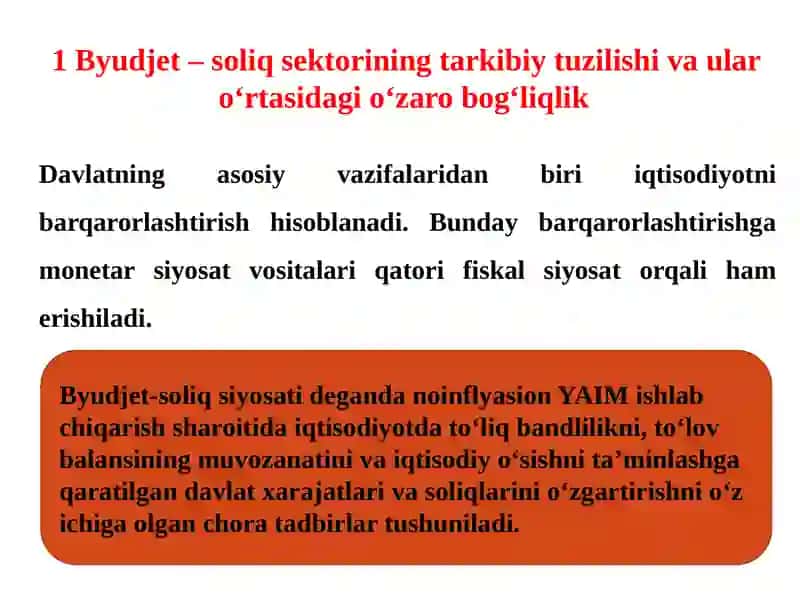 Byudjet- soliq sektorining tarkibiy tuzilishi va ular o'rtasidagi  o'zaro bog'liqlik 3