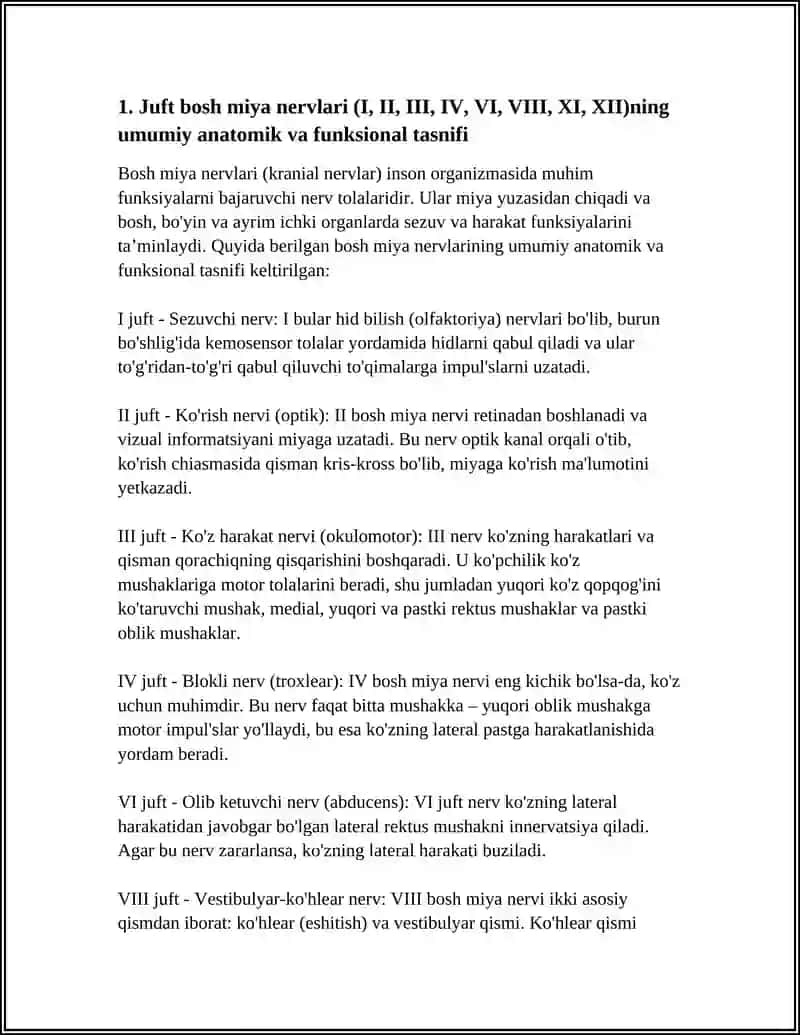 Juft bosh miya nervlari (I, II, III, IV, VI, VIII, XI, XII) tasnifi 3