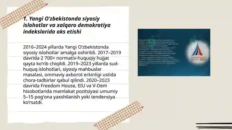 Yangi O’zbekiston ijtimoiy-siyosiy, iqtisodiy va madaniy hayotidagi o’zgarishlar 3