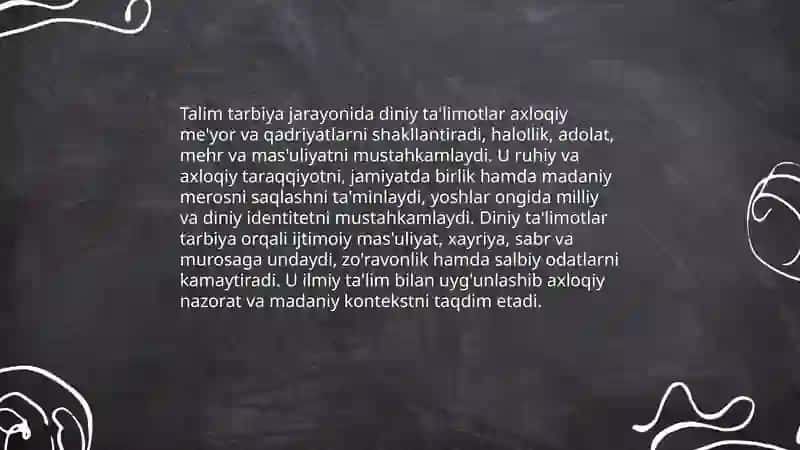 Talim tarbiya jarayonida diniy talimotlar oʻrni mavzu 3