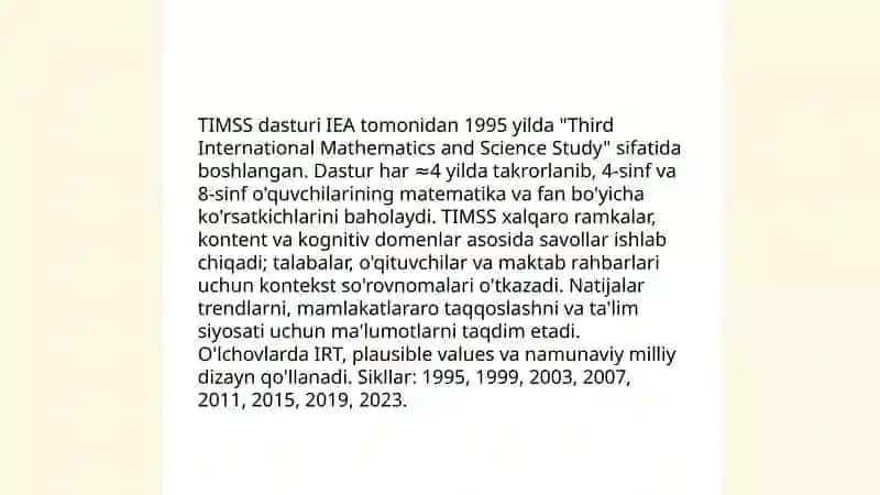 TIMSS Xalqaro baholash dasturi haqida asosiy malumotlar 3