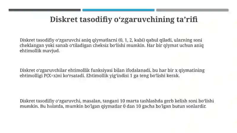 Diskret tasodifiy miqdorning sonli xarasteristikalari 3