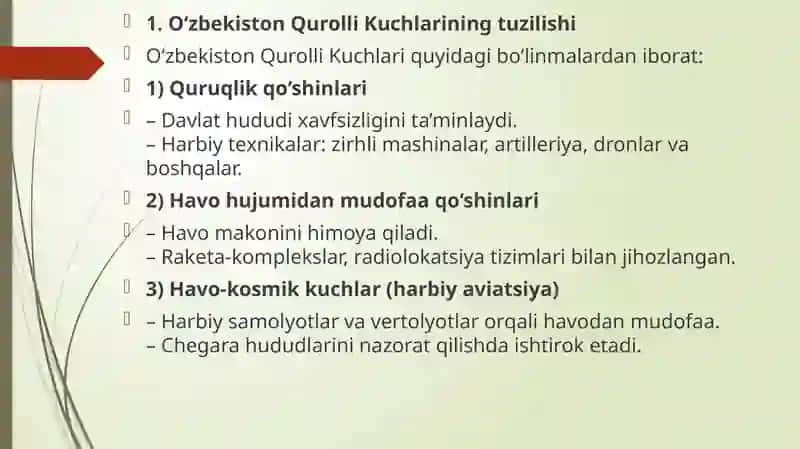O`zbekiston Respublikasi mudofaa qobilyati. O`zbekistonda madaniy obektlar va ularning faoliyati tasnifi. O`zbekistonda ijtimoiy-iqtisodiy sohalarni innovatsion rivojlantirish va raqamlashtirish odimlari. O`zbekistonda ijtimoiy sohada amalga oshirilayotgan o`zgarishlar. 3