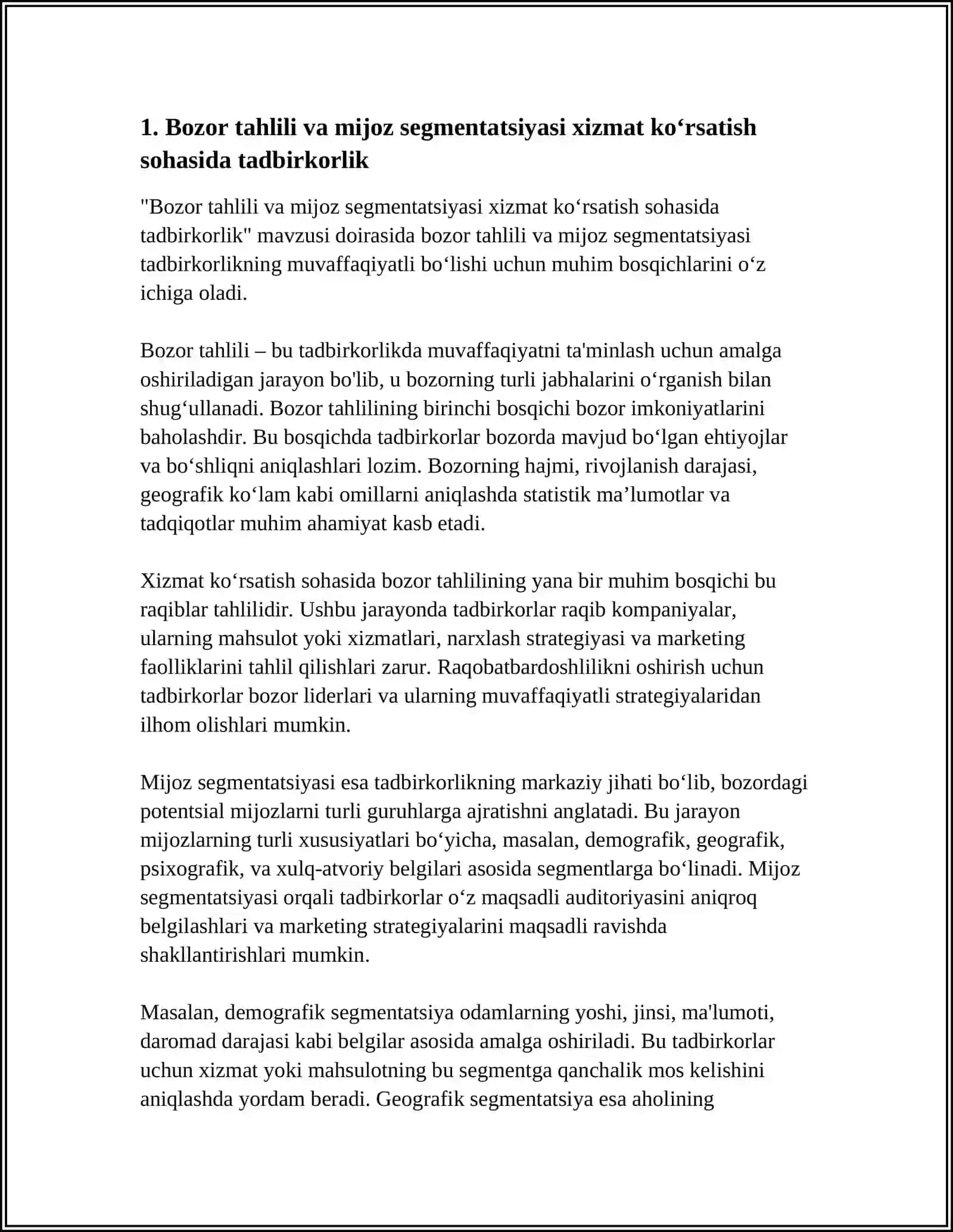 Bozor tahlili va mijoz segmentatsiyasi xizmat ko‘rsatish sohasida tadbirkorlik 3