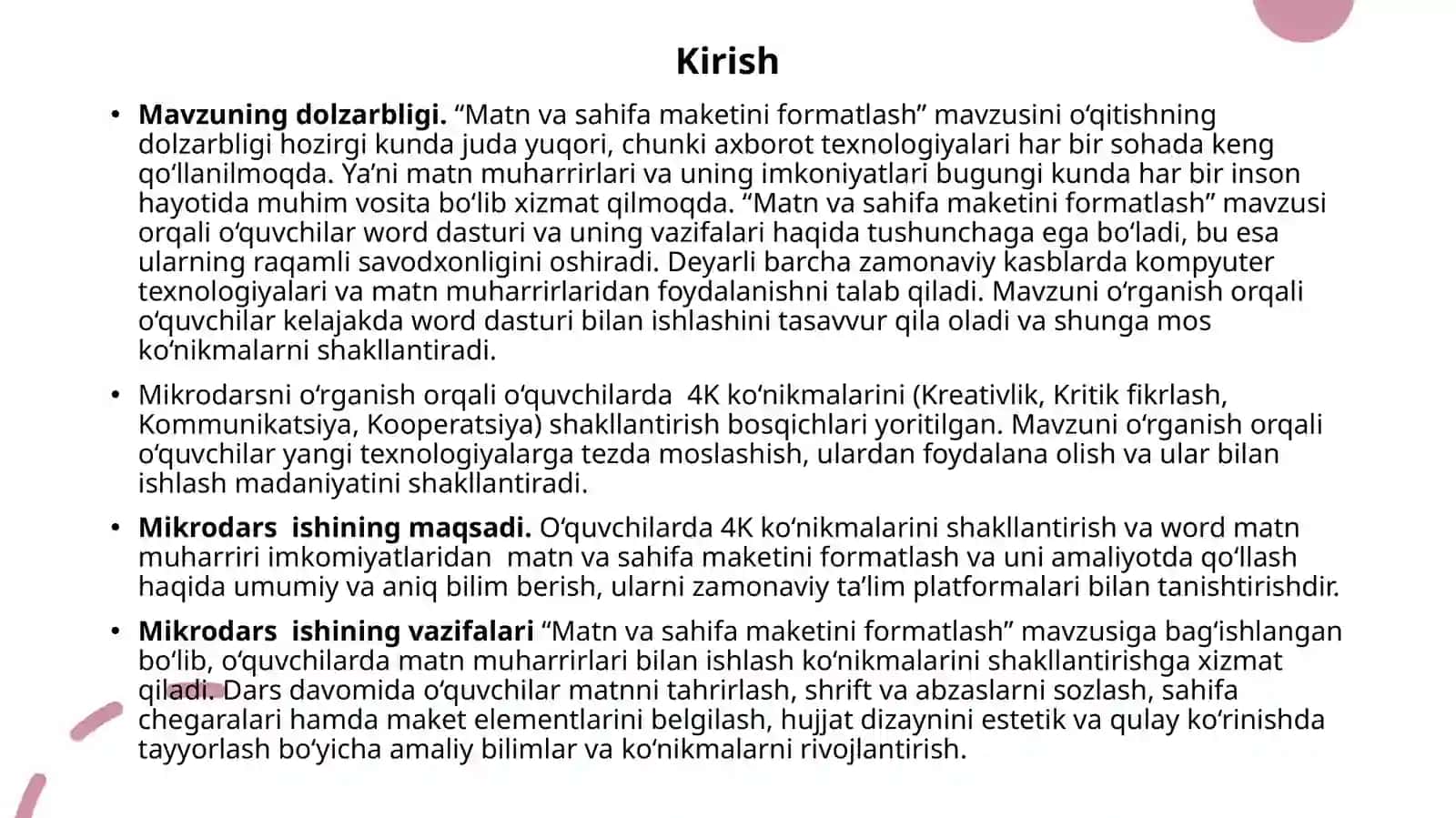 "Matn va sahifa maketini formatlash" mavzusidagi MIKRODARS ISHLANMASI 3
