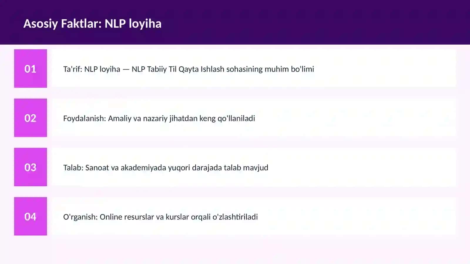NLP loyiha — AI sohasida eng ko'p qidiriladigan mavzulardan biri 3