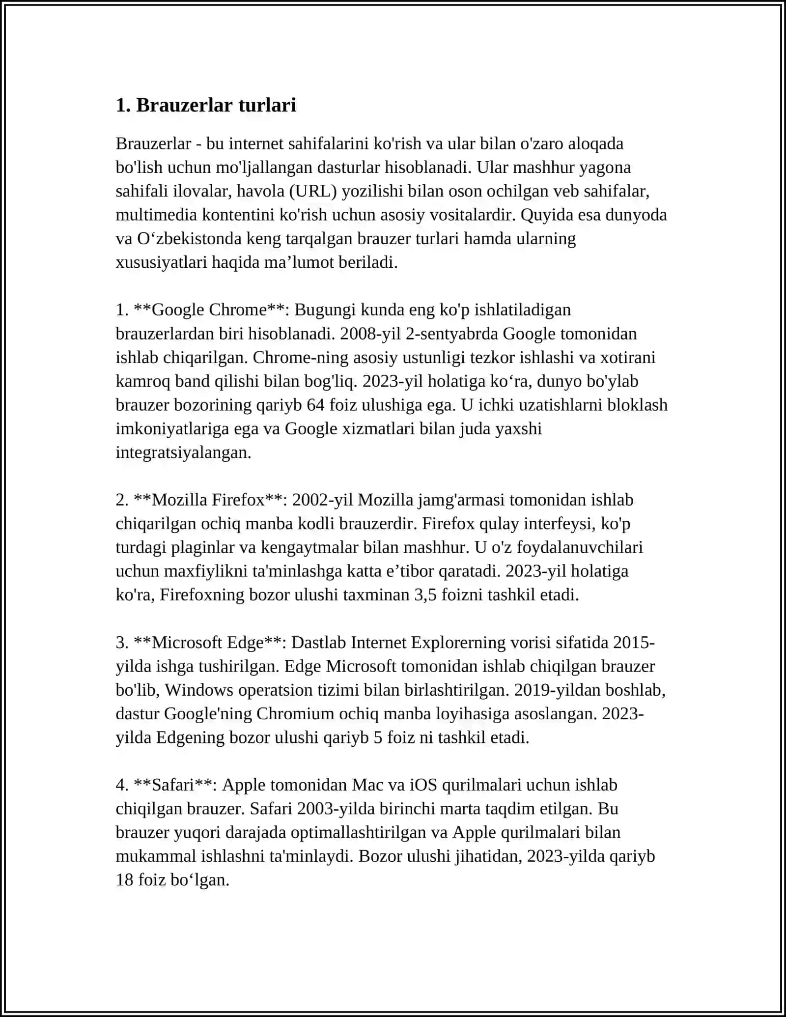 BRAUZERLAR FOYDALANISH, MAʼLUMOTLARNI INTERNETDAN QIDIRISH ASOSLARI BOʼYICHA AMALIY QOʼLLANMAN TAYYORLASH 3