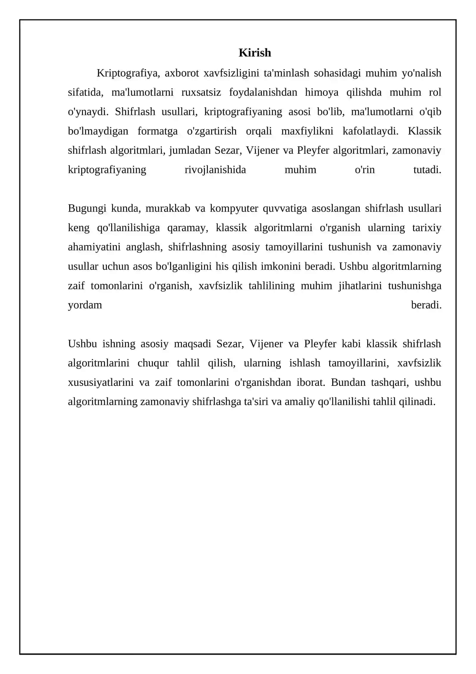 Klassik shifrlash usullari. Sezar,Viginera va Playfair algoritmalrini tahlil qilish 3