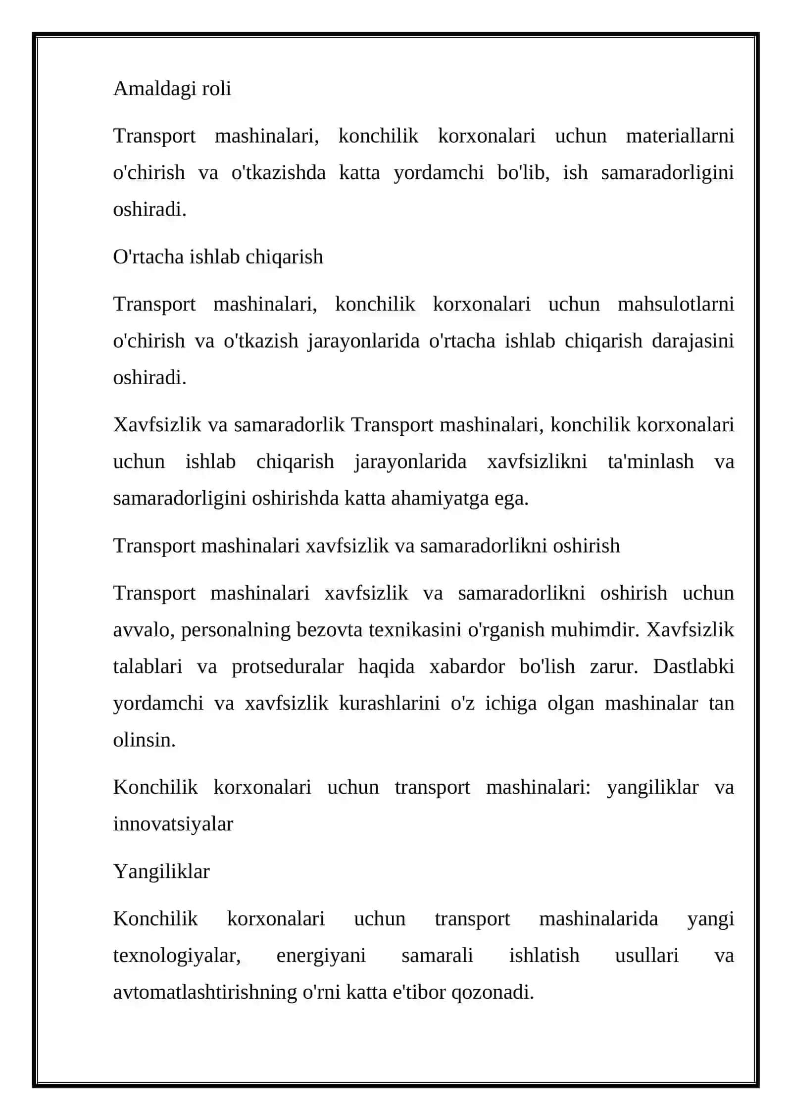Konchilik korxonalrida ishlaydigan transport mashinalari turlari.Transport mashinalarning umumiy tasnifi 3