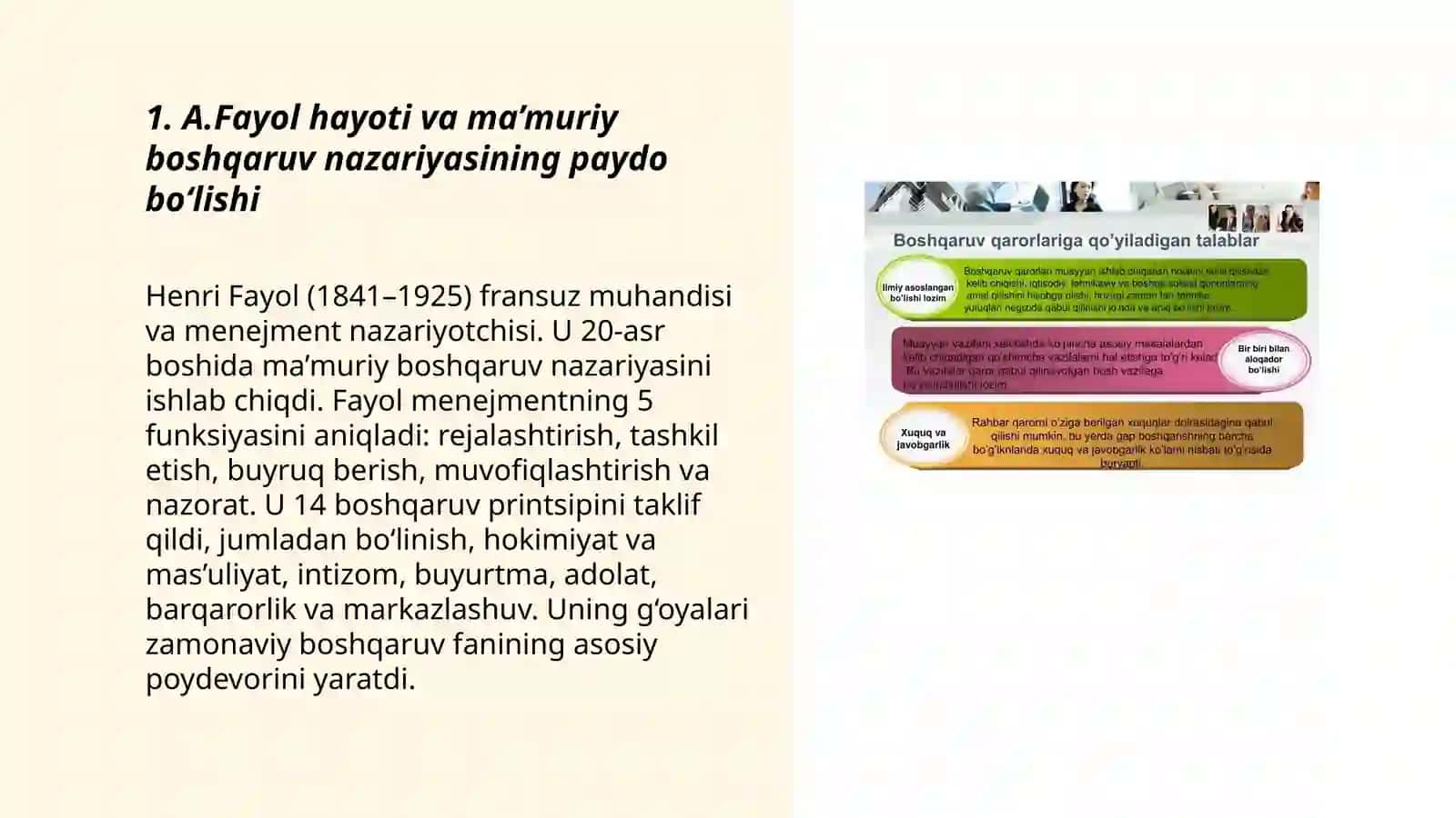 Ma’muriy boshqaruv nazariyasi: A.Fayol prinsiplari 3