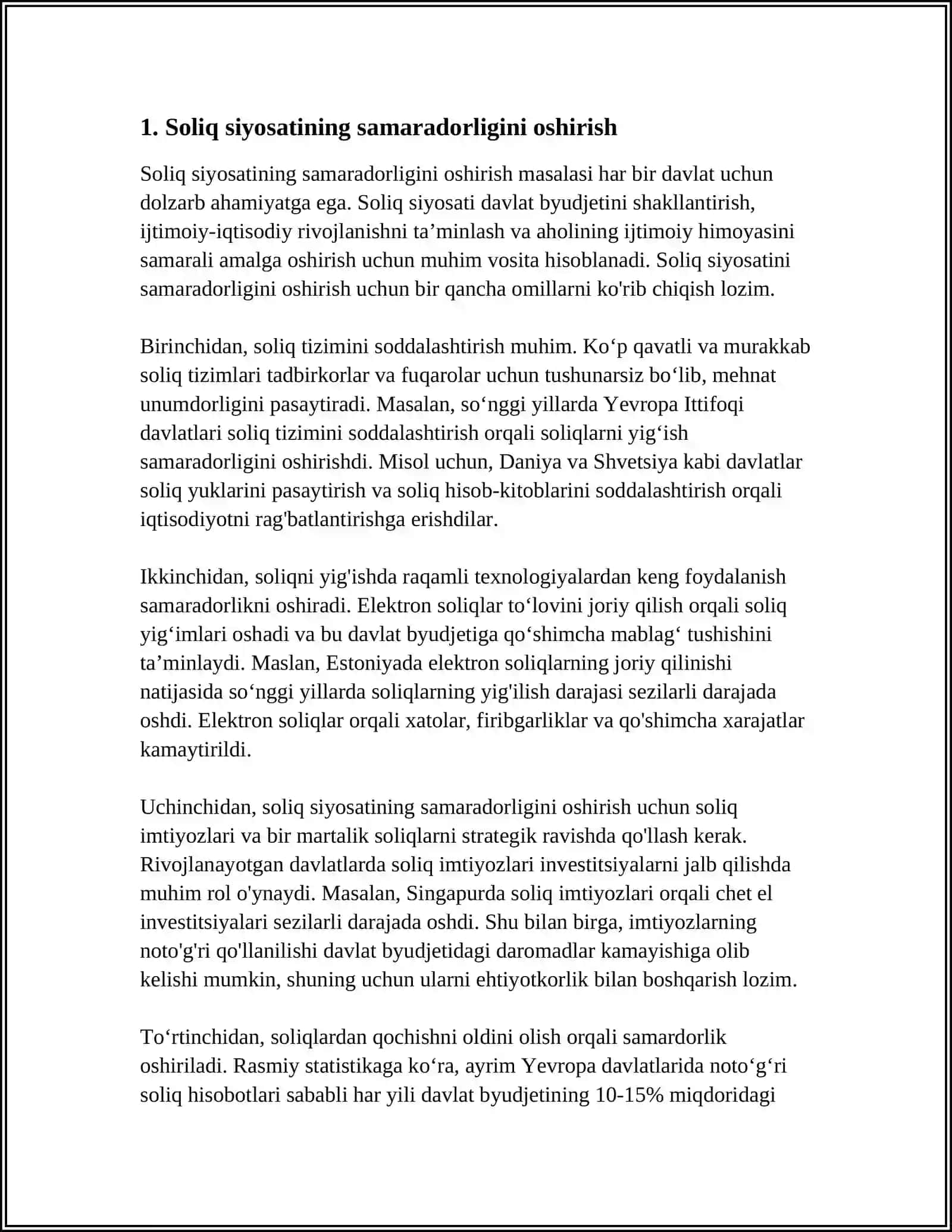 MUSTAQIL ISH Mavzu: OʻZBEKISTON RESPUBLIKASIDA SOLIQ SIYOSATINI TAKOMILLASHTIRISH YOʻLLARI 3