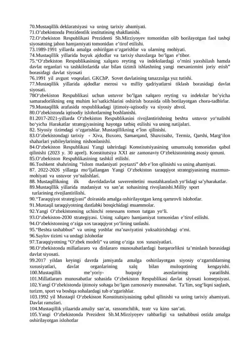 O‘zbekistonning eng yangi tarixi fanidan yakuniy nazorat ishi uchun variant savollari 3