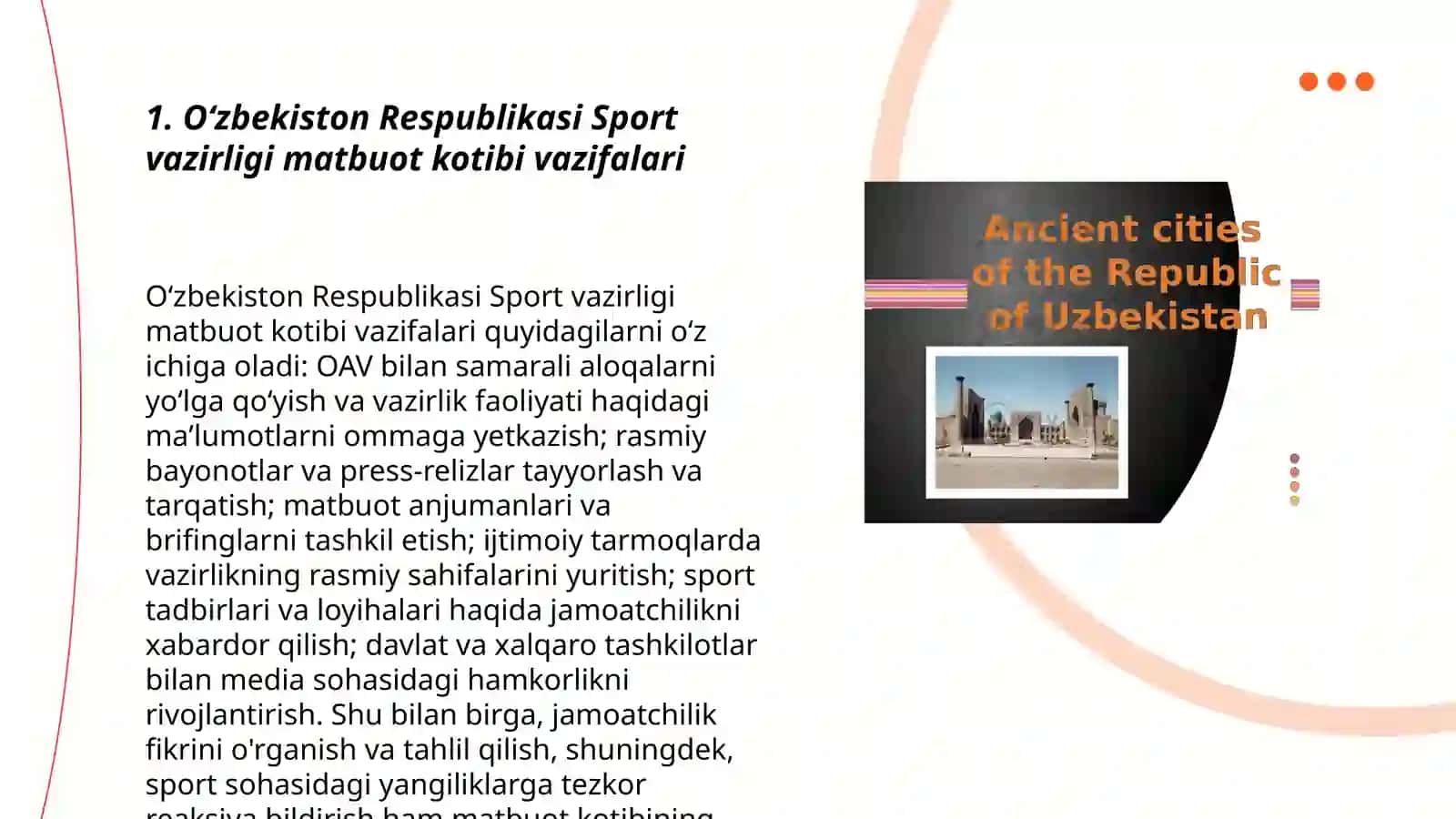 Oʻzbekiston Respublikasi Sport vazirligi matbuot kotibi vazifalari 3