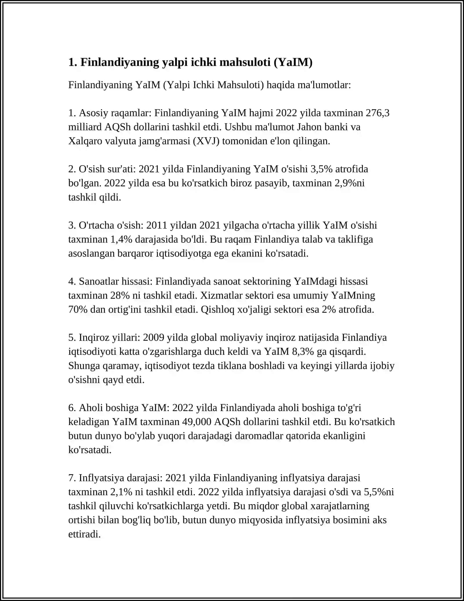 FINLANDIYA DAVLATI ASOSIY IQTISODIY KO‘RSATKICHLARI VA TA’LIM TIZIMI 3