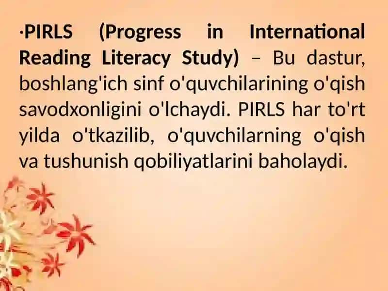 O’zbekiston respublikasining ta’lim siyosati. Xalqaro baholash tadqiqotlari. O‘quvchilarning matnni o‘qish va tushunish darajasi sifatini aniqlash va baholash mezonlari. PIRLS xalqaro baholash dasturi. 3