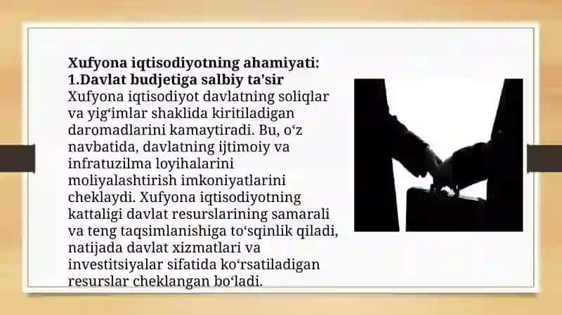 O'zbekistonda xufyona iqtisodiyotni kamaytirish yo'llari va unga qarshi chora- tadbirning ahamiyati 3