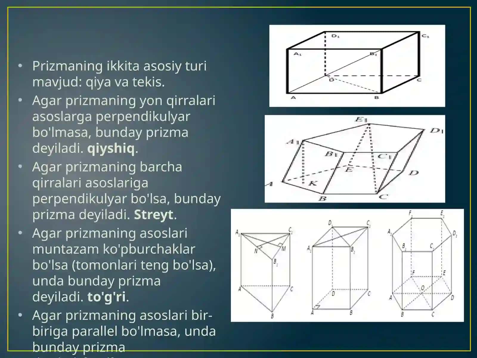 Prizma, to'g'ri burchakli parallelopiped, piramida. Aylanma jismlar. Silindr, konus, sfera 3