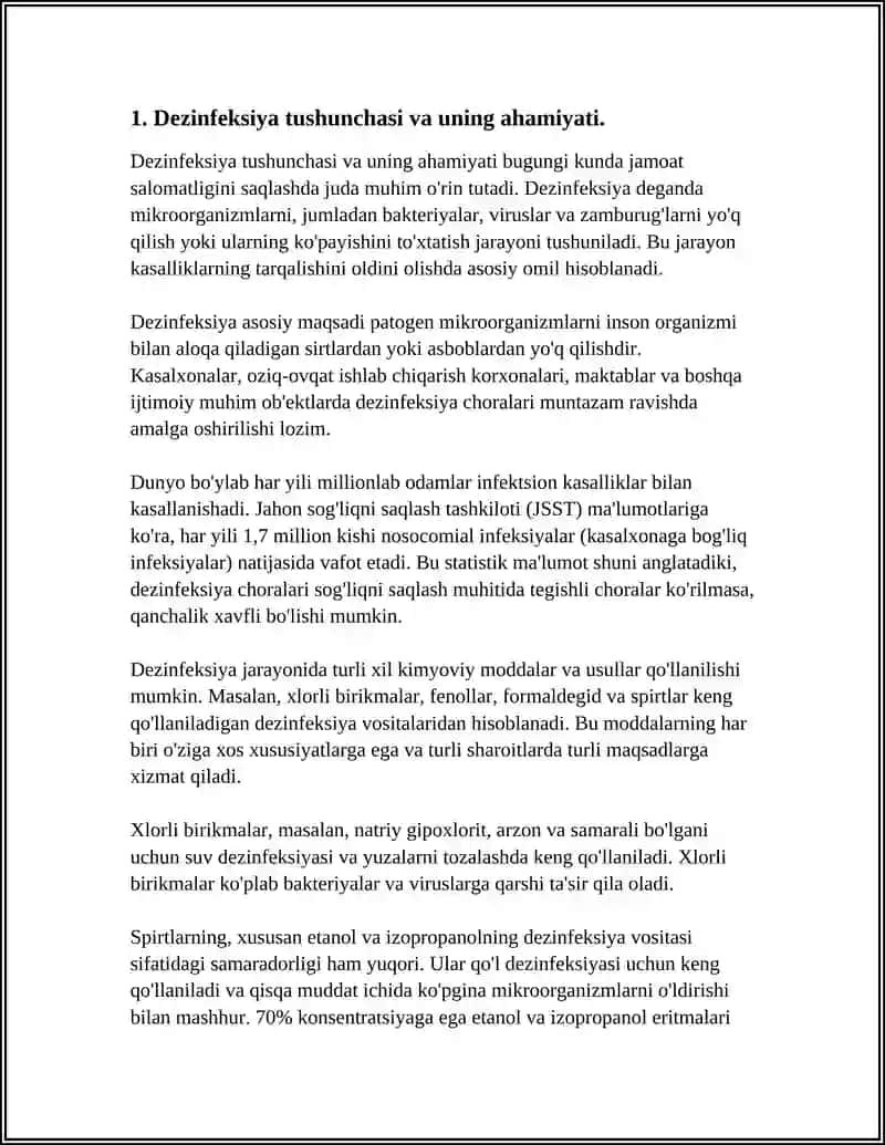 REFERAT Mavzu: OʻTA XAVFLI YUQUMLI KASALLIK UCHOQLARIDA O'TKAZILADIGAN DEZINFEKSIYA, DEZINFEKSIYA VA DERATIZASIYA TADBIRLARI 3