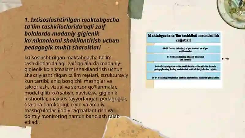 Ixtisoslashtirilgan maktabgacha ta'lim tashkilotlarida aqli zaif bolalarda madaniy-gigientik malakalarni shakllantirish uchun sharoitlari 3