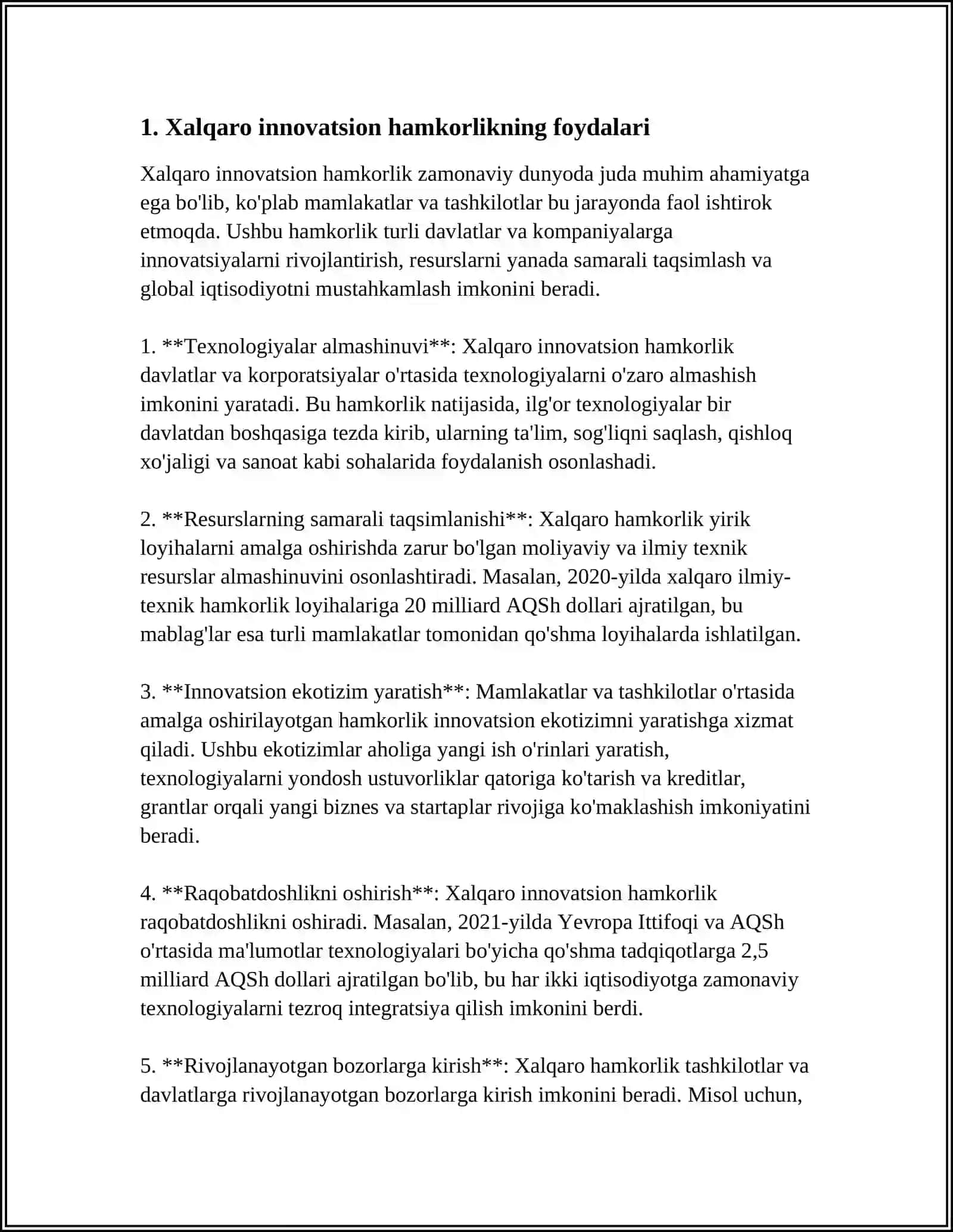 MUSTAQIL ISH Mavzu: INNOVATSION FAOLIYATDA XALQARO HAMKORLIKNING AHAMIYATI 3