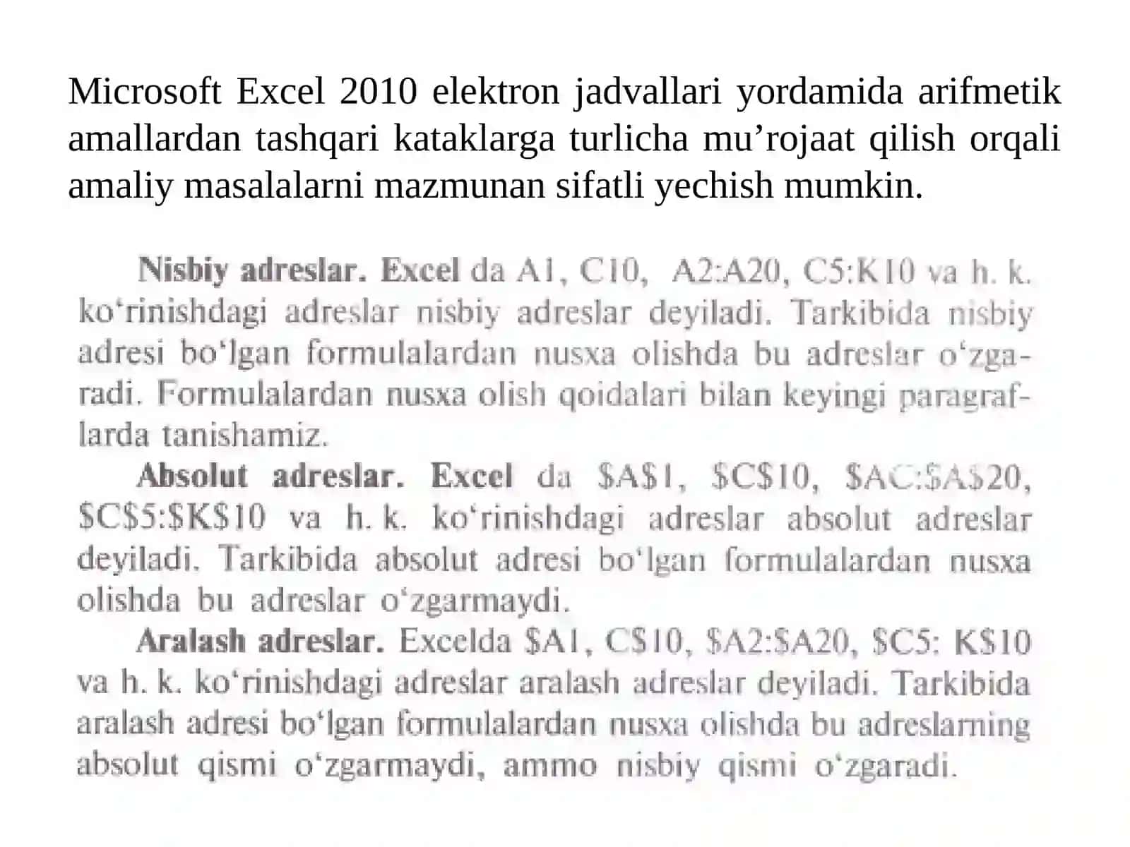 MS Excel dasturida katakka murojaat turlari 3
