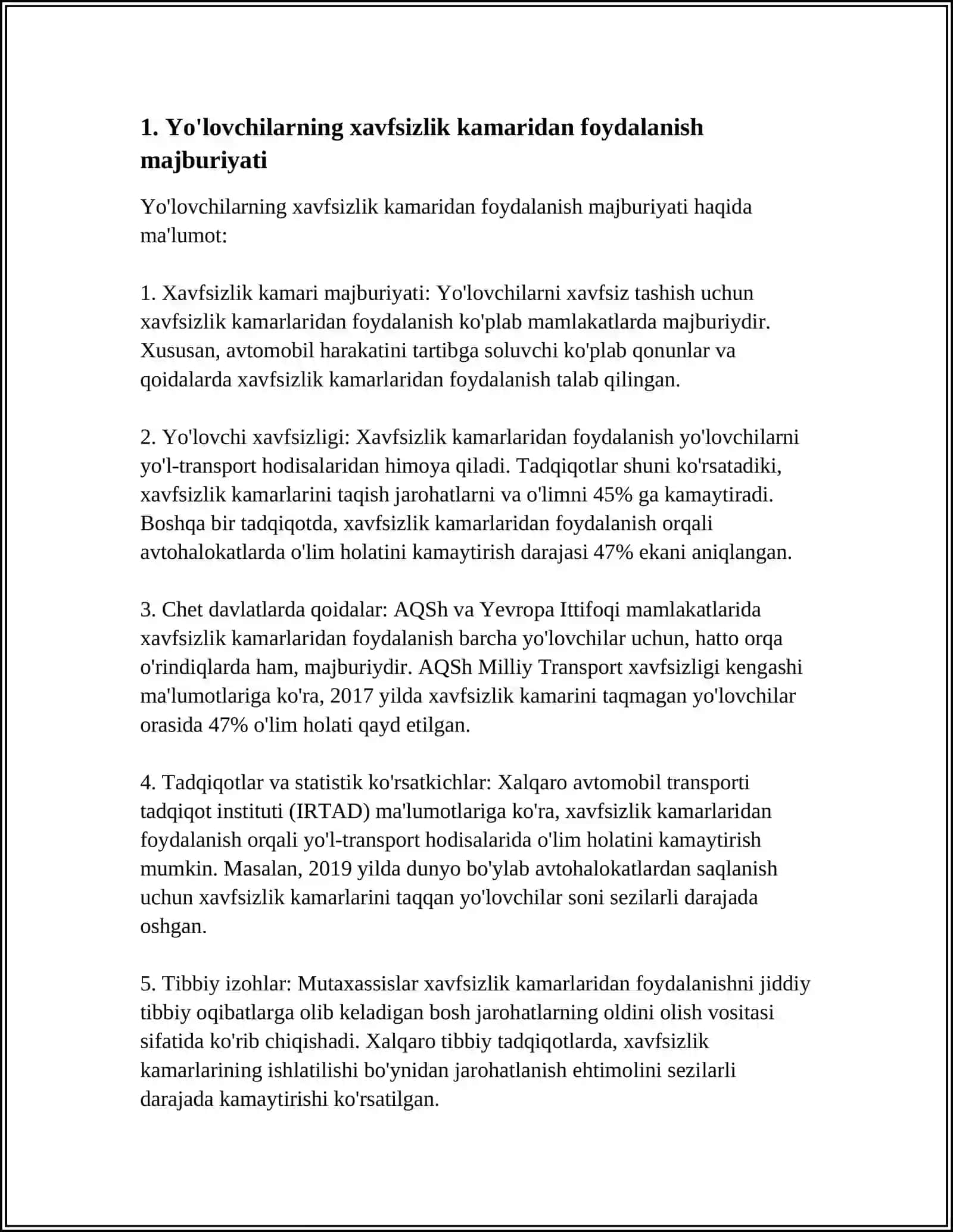 Yo'lovchilarning xavfsizlik kamaridan foydalanish majburiyati 3