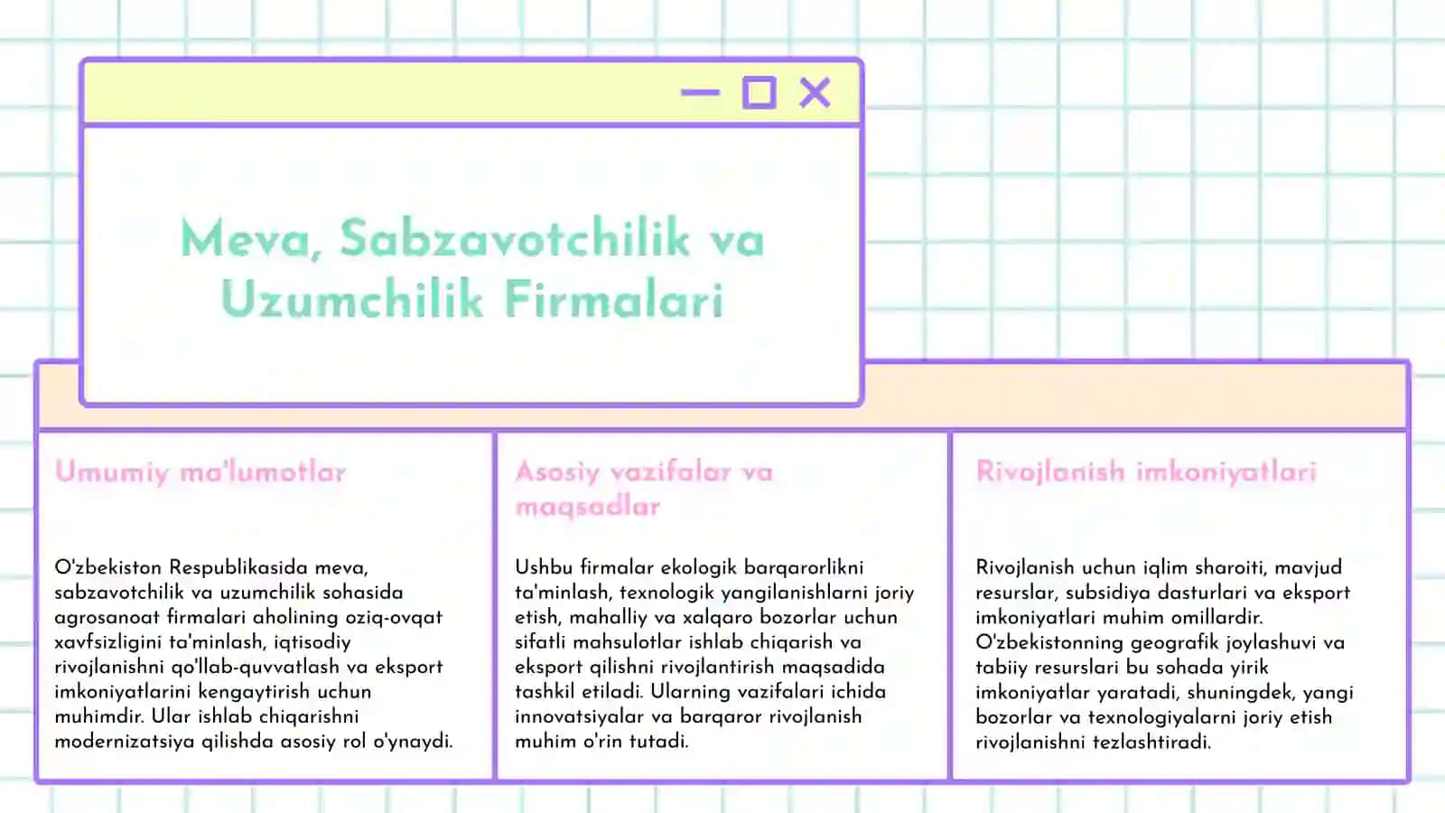 O'zbekiston Respublikasi vazirlar mahkamasining Meva sabzavotchilik va uzumchilik sohasida agrosanoat firmalari tashkil etish va ularning faoliyatini yo'lga qo'yish tartibi to'g'risidagi nizomni tasdiqlash haqida gi 42-sonli qarori 3