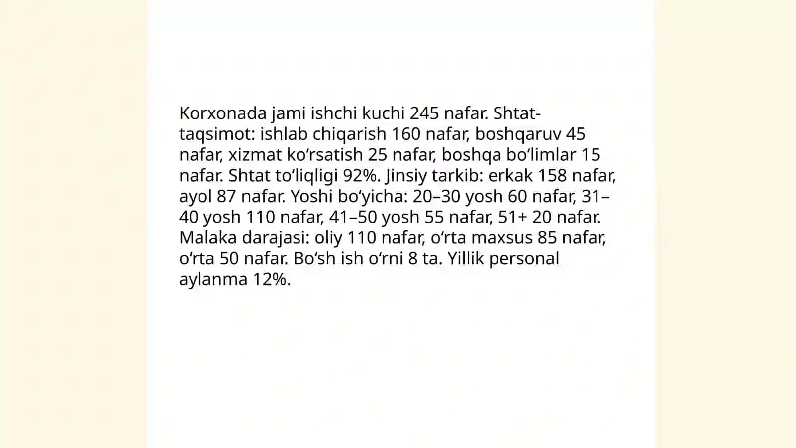 Korxonaning mehnat resurslari bilan taʼminlanganligini tahlil qilish 3