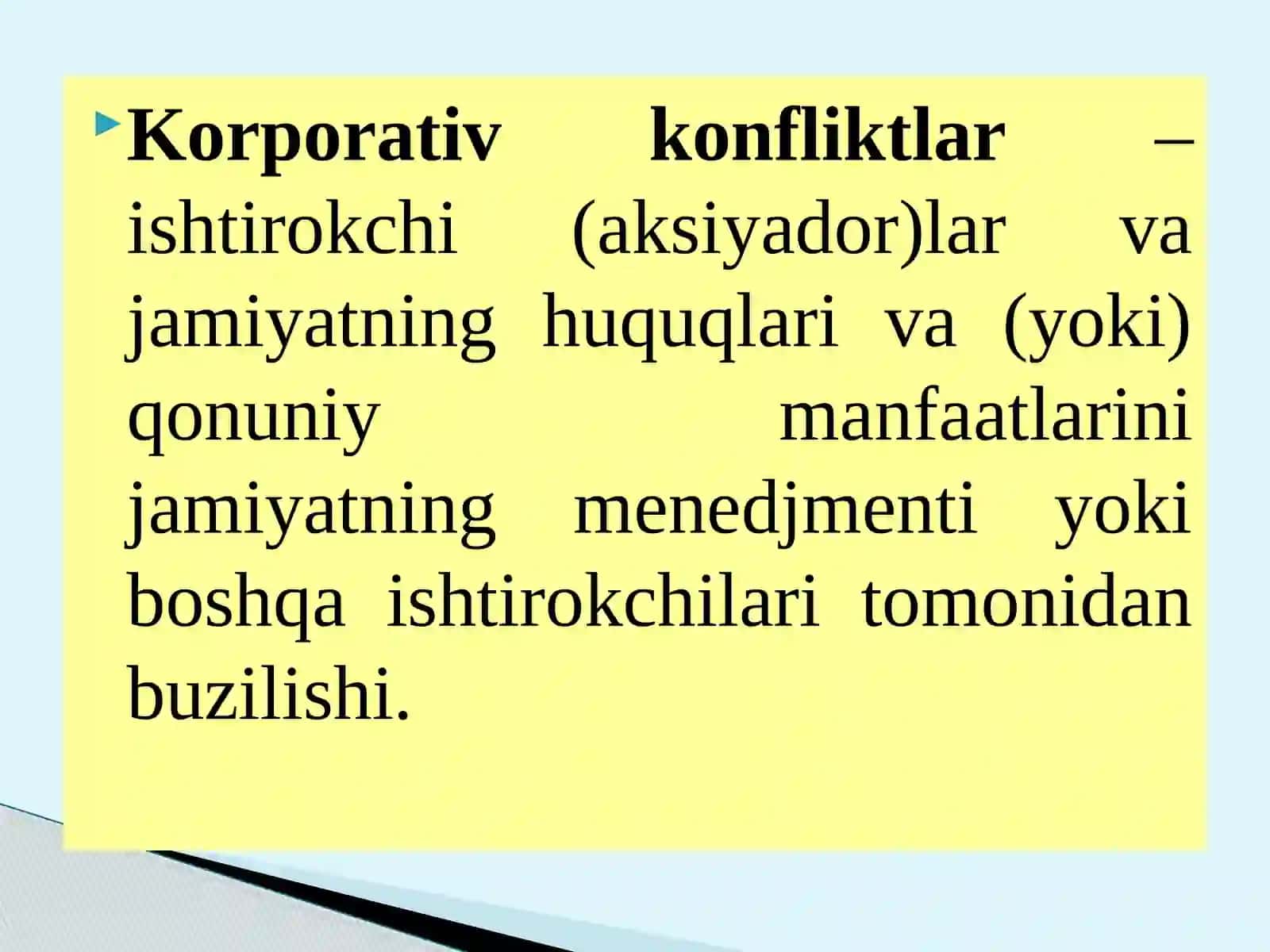 KORPORATIVZIDDITYaLARVA NIZOLAR. KORPORATIV MUNOSABATLARIShTIROKChILARIHUQUQ VA QONUNIY MANFAATLARINIHIMOYaQILISh 3