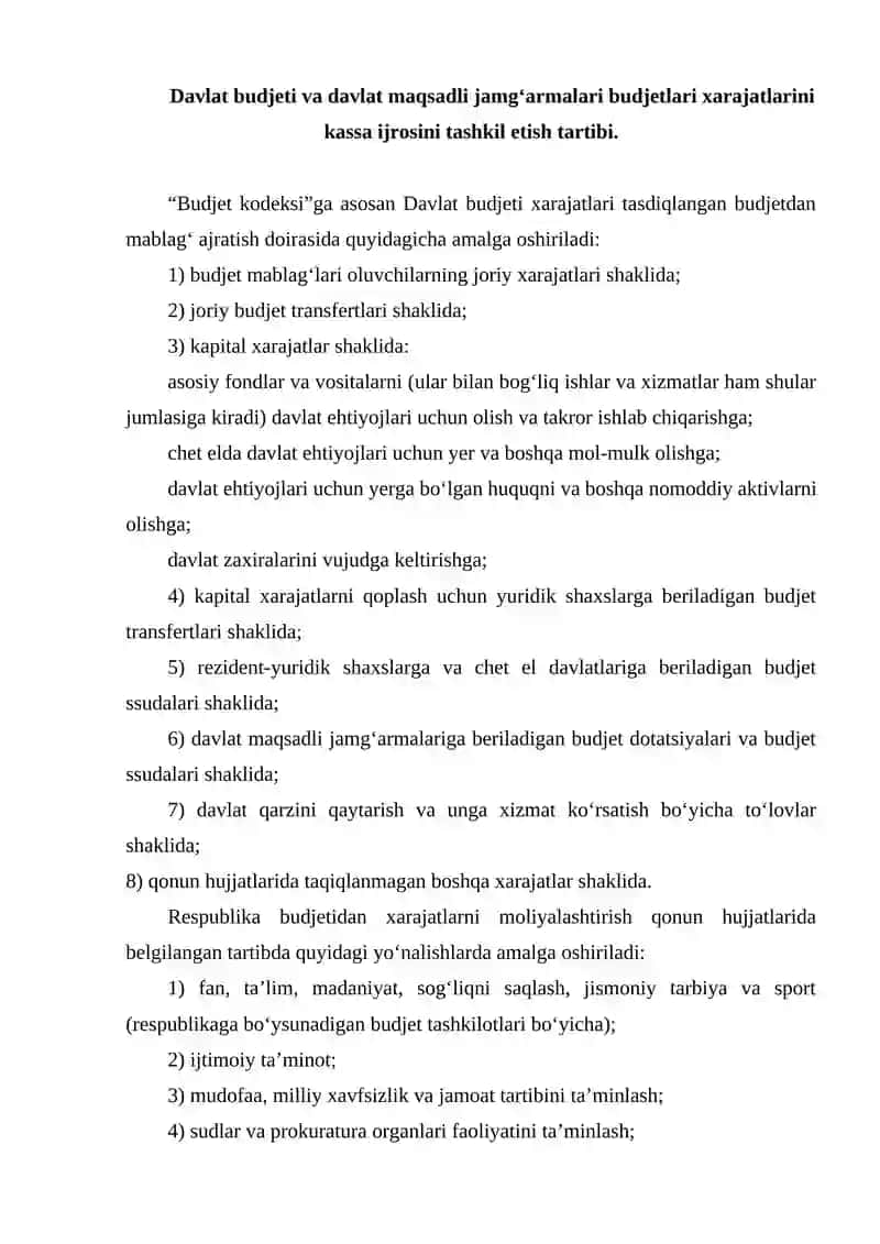Davlat budjeti va davlat maqsadli jamg'armalari budjetlari xarajatlarini kassa ijrosini tashkil etish tartibi 3