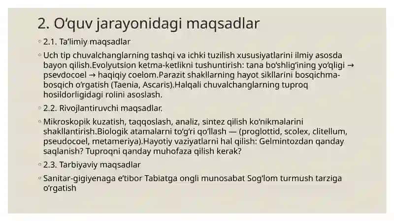 Yassi, to'garak va halqali chuvalchanglar tipini o'qitish metodikasi 3