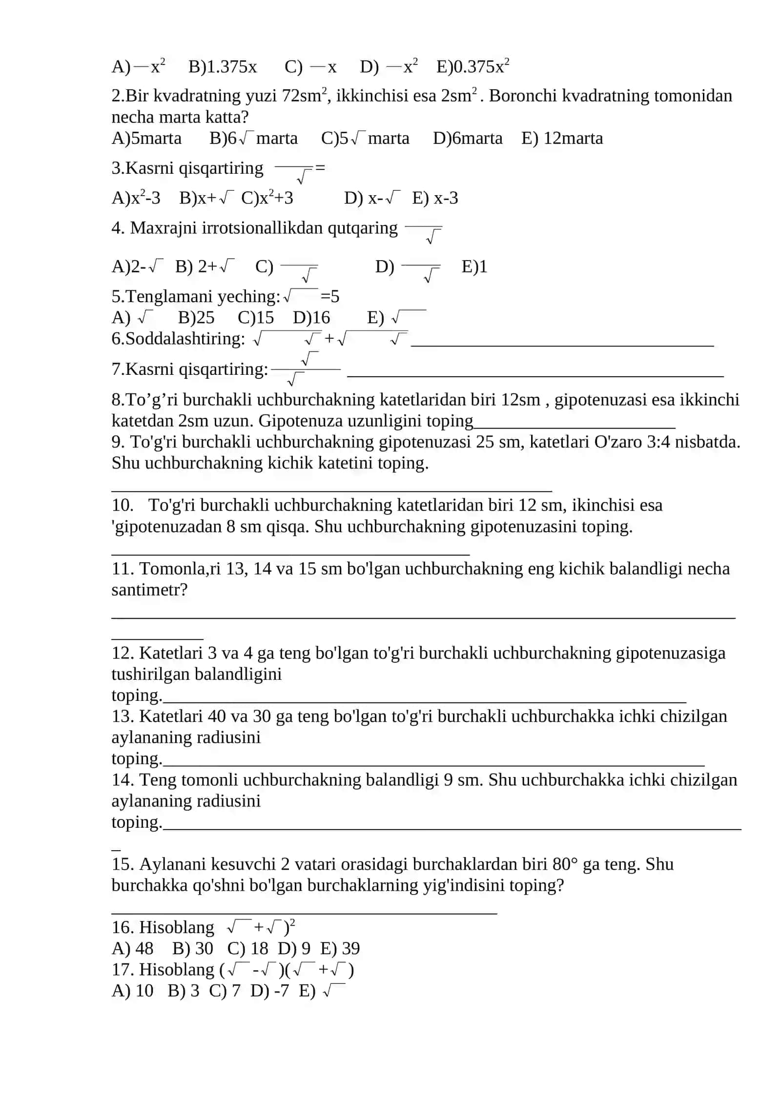 9-sinf. Matematika.1-variant. I chorak 3