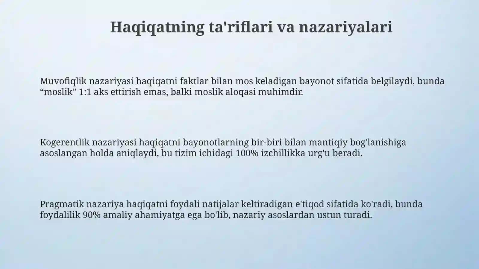 Bilish falsafasi.Haqiqat muammosi 3