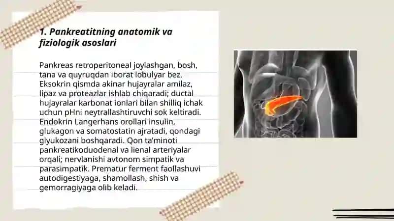 Pankreatitlar. Etiopatogenezi. Tasnifi. Klinik belgilari. Tashxisot mezonlari. differentsial diagnostikasi, davosi va profilaktikasi. 3