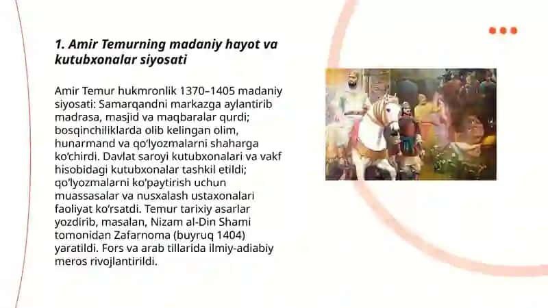 Amir Temur va Temuriylar davrida madaniy hayot va kutubxonalar 3