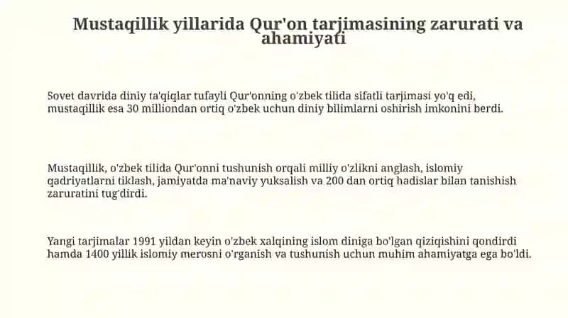 Mustaqillik yillarida Qurʼonning oʼzbek tiliga tarjima qilinishi 3