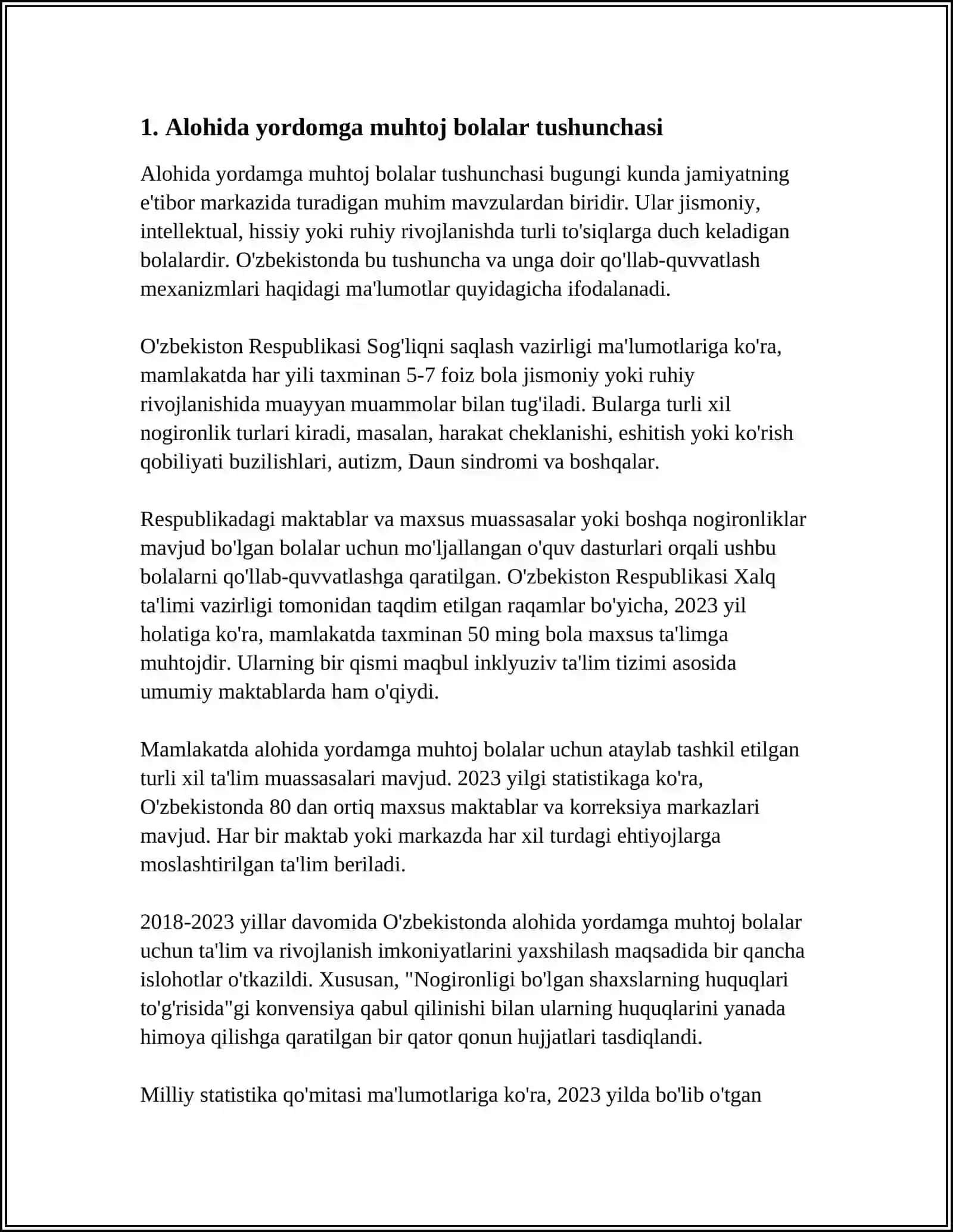ALOHIDA YORDAMGA MUHTOJ BOLALARDA RIVOJLANISHDAGI NUQSONINING CHUQURLIGI VA TUZILISHIGA QARAB INKLYUZIYA MODELLARINI TANLASH 3