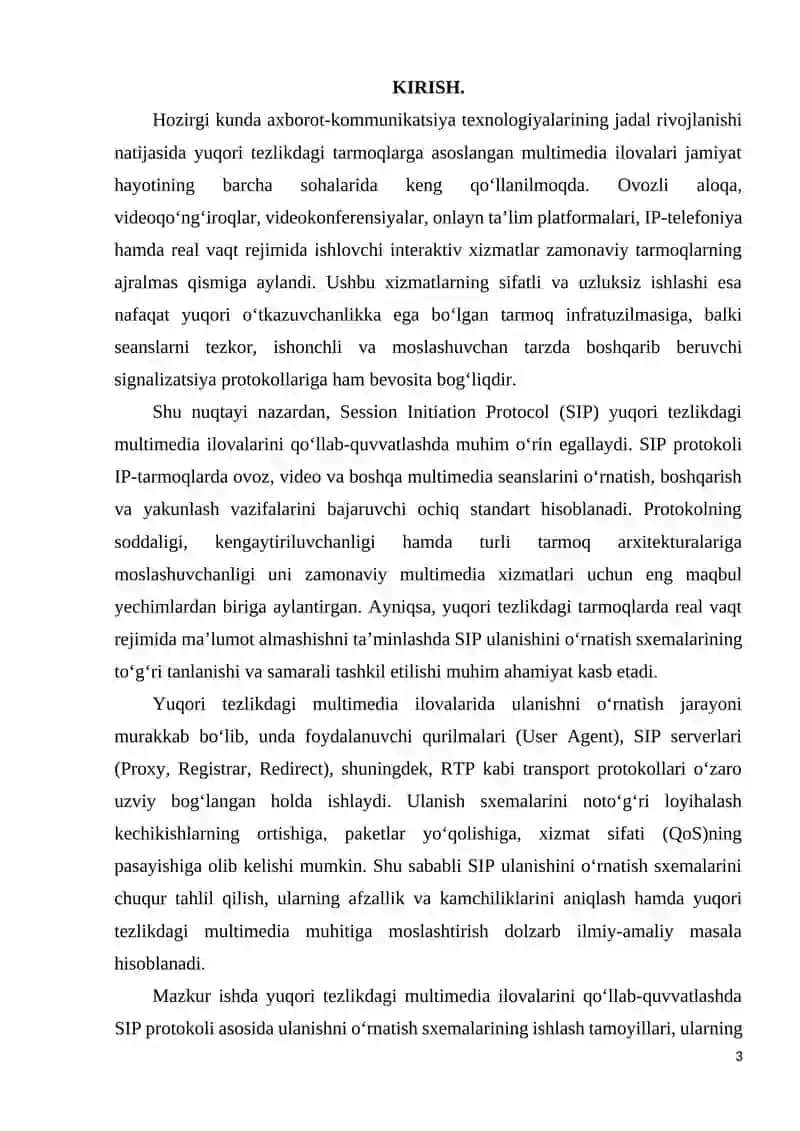 Yuqori tezlikdagi multimedia ilovalarini qo‘llab-quvvatlash uchun SIP ulanishini o‘rnatish sxemalarini tahlil qilish. 3