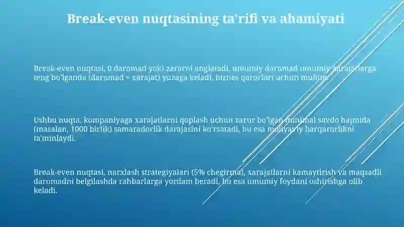 Boshqaruv hisobida zararsizlik nuqtasini hisoblash usullari 3