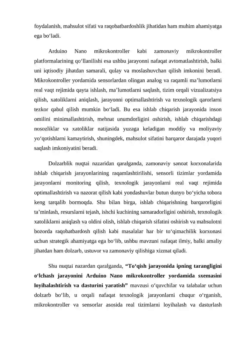 To’qish jarayonida ipning tarangligini o’lchash jarayonini Arduino Nano mikrokontroller yordamida sxemasini loyihalashtirish va dasturini yaratish 3
