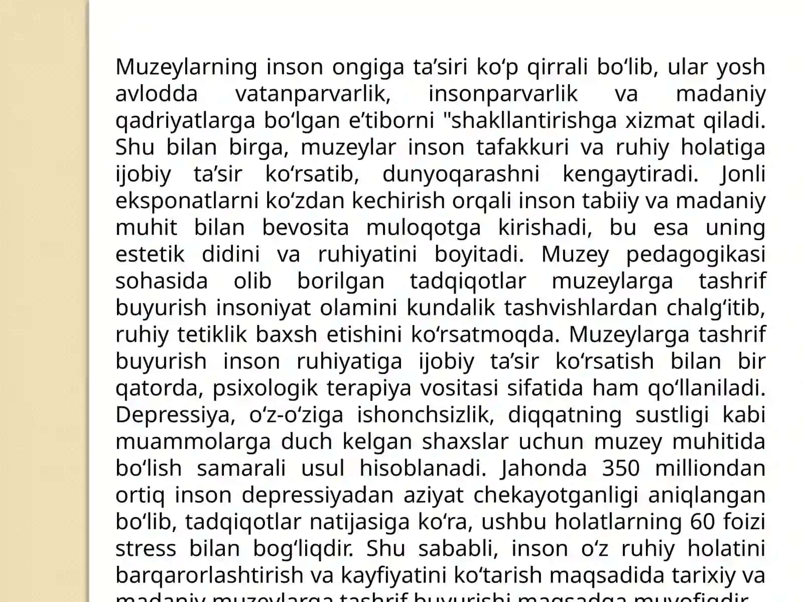 O‘ZBEKISTONDA MUZEYLAR VA MUZEY ISHI.  MUZEYLARNING  ASOSIY IJTIMOIY FUNKSIYALARI. MUZEYLARNING TADQIQOTCHILIK FAOLIYATI.  MUZEY FONDLARI. 3